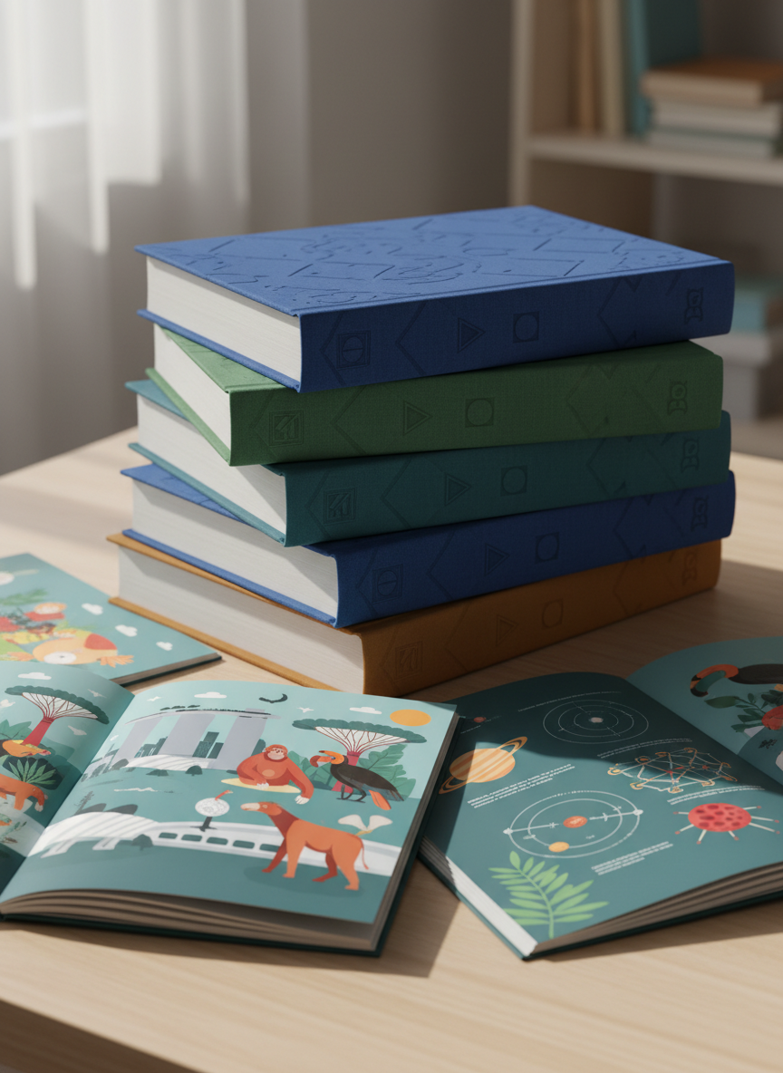 A carefully arranged stack of beautifully bound children’s learning books, each with subtly embossed covers in jewel-toned blues, greens, and ambers, rests on a smooth light-wood tabletop. Around them lie a few open pages showing richly colored, text-free illustrations of Singaporean cityscapes, animals, and science diagrams, all in a sophisticated, modern style. Soft morning daylight filters in from an unseen window, washing the scene in a gentle, diffused glow and casting refined, delicate shadows. Photographed at eye level with a shallow depth of field, the focus rests on the book spines labeled only with simple geometric icons, suggesting curated collections. The mood is calm, intellectual, and inviting, embodying photographic realism with a clean, minimalist composition that highlights thoughtfully crafted learning books for curious young minds.