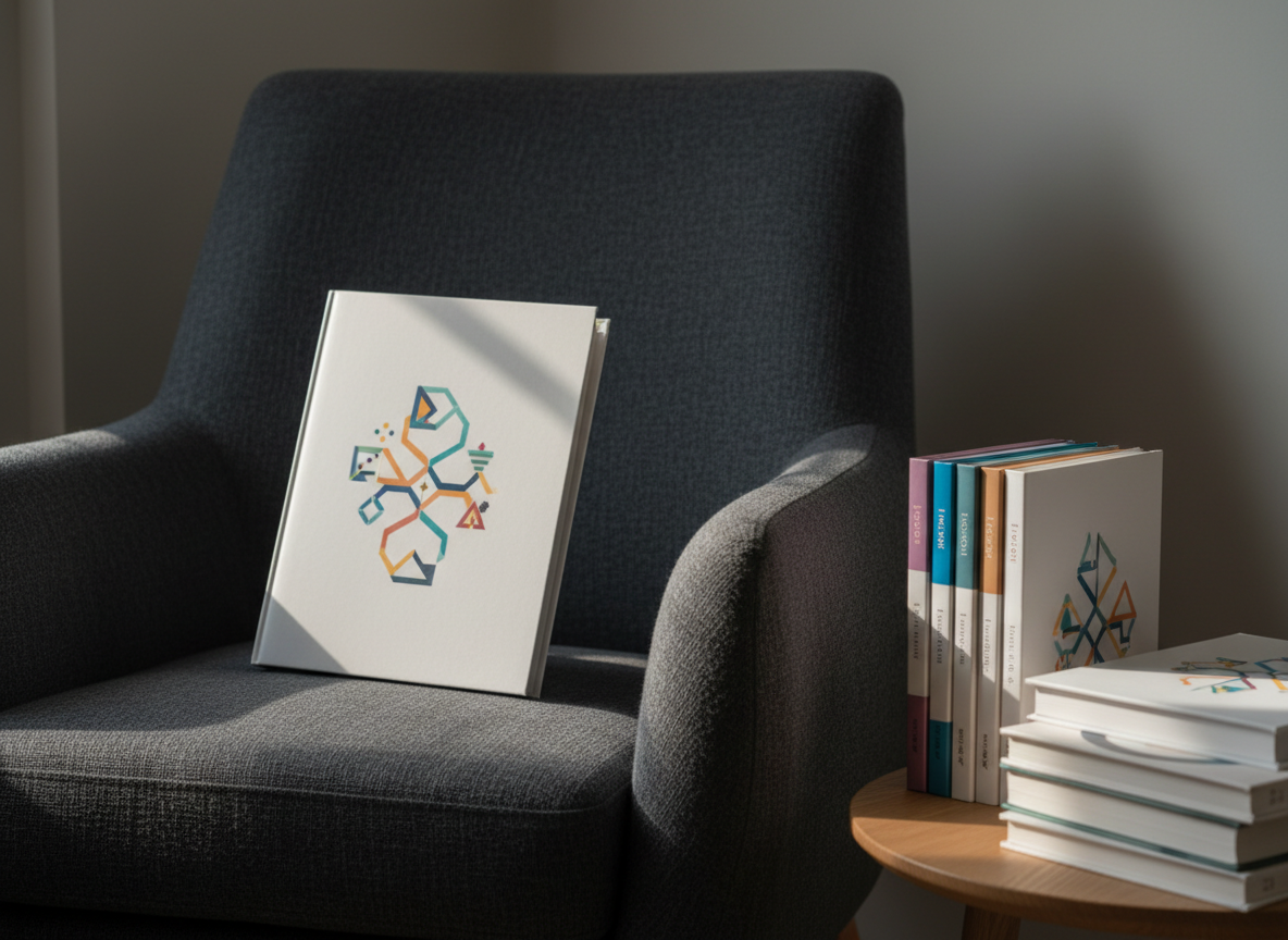 A quiet reading nook scene featuring a single, beautifully produced learning book resting on a plush, slate-gray armchair with a finely woven texture. The book’s cover shows a minimalist, text-free illustration of interlocking shapes that evoke literacy, science, and art coming together. Next to the armchair, a small round side table in light oak holds a neat, vertical stack of similarly styled volumes, each with a distinct color spine forming a harmonious gradient. Late afternoon sunlight streams through unseen windows, creating soft, diagonal bands of light across the chair and book, while the rest of the room remains softly shadowed. Captured at a slightly low angle with a shallow depth of field, the photographic realism and understated composition evoke a sense of quiet luxury and intellectual sophistication, ideal for a premium children’s press.