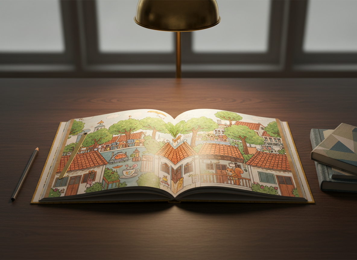 A finely detailed close-up of an open bespoke children’s book lies centered on a dark walnut desk, its thick, matte pages showing an intricate, wordless illustration of a Singapore-inspired neighborhood: shophouse rooftops, leafy trees, and small, friendly animals tucked into corners. The edges of the pages are softly gilded, hinting at a premium edition. Around the book sit refined, non-distracting study objects: a slim brass bookmark, a graphite pencil, and a small stack of other closed volumes with subtle geometric patterns on their covers. Warm overhead pendant lighting casts a gentle, focused pool of light on the illustration, with the background falling into a soft bokeh. Photographic realism, eye-level composition, and a serene, contemplative atmosphere emphasize the book as a treasured learning object for curious children.