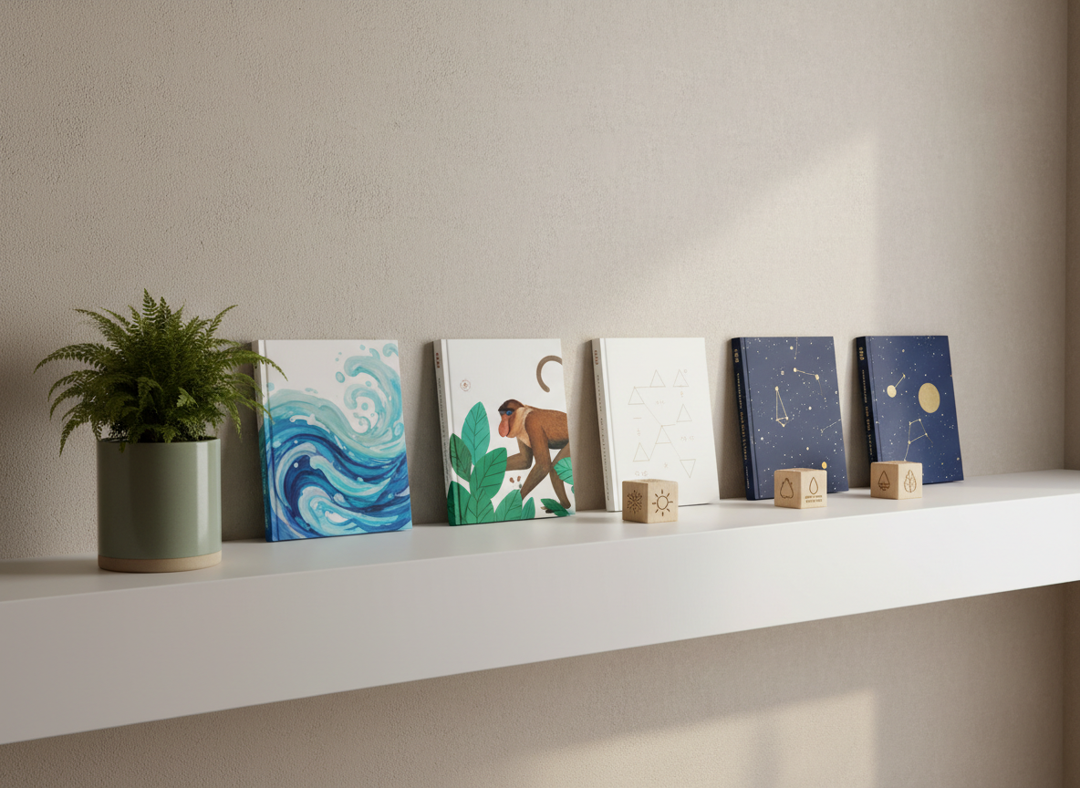 An elegant, low white shelf against a neutral wall displays a curated row of curriculum-aligned children’s books, each cover featuring original, text-free artwork: abstract ocean scenes, stylized rainforest creatures, subtle math symbols, and constellations. Small wooden dividers separate seasonal collections, indicated by understated icons like a snowflake, sun, and raindrop. A single, minimal ceramic pot with a lush green plant adds life at one end of the shelf. Soft, diffused afternoon light from the side creates gentle highlights on the covers and faint shadows behind the books. Shot from a slightly elevated angle in crisp photographic realism, the composition follows the rule of thirds, emphasizing order, sophistication, and a sense of quiet discovery appropriate for discerning parents and educators in Singapore.