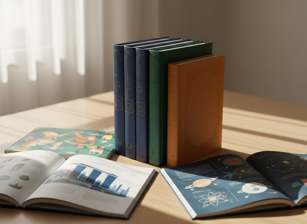 A carefully arranged stack of beautifully bound children’s learning books, each with subtly embossed covers in jewel-toned blues, greens, and ambers, rests on a smooth light-wood tabletop. Around them lie a few open pages showing richly colored, text-free illustrations of Singaporean cityscapes, animals, and science diagrams, all in a sophisticated, modern style. Soft morning daylight filters in from an unseen window, washing the scene in a gentle, diffused glow and casting refined, delicate shadows. Photographed at eye level with a shallow depth of field, the focus rests on the book spines labeled only with simple geometric icons, suggesting curated collections. The mood is calm, intellectual, and inviting, embodying photographic realism with a clean, minimalist composition that highlights thoughtfully crafted learning books for curious young minds.