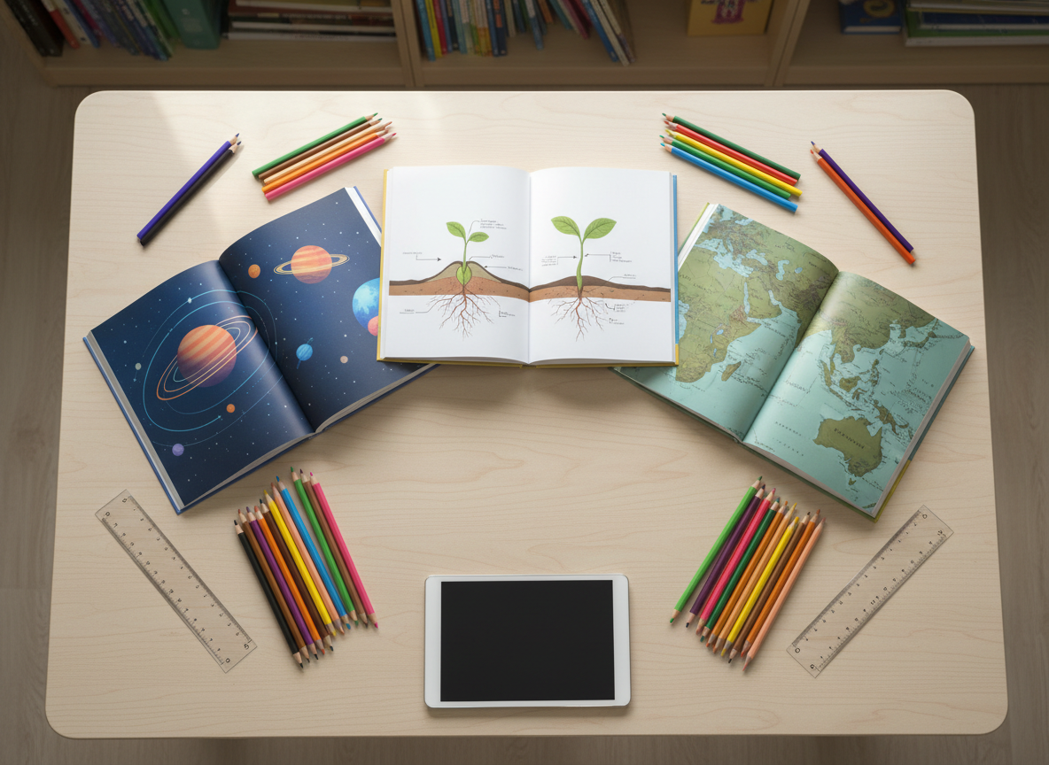 A bird’s-eye view of a tidy study table arranged for a child’s learning session, featuring three open educational books in a neat fan. One shows a vivid, text-free illustration of planets and orbits, another displays a diagrammatic cross-section of a seed sprouting, and the third presents a sophisticated map of Southeast Asia with Singapore delicately highlighted. Around them, neatly organized stationery—colored pencils, a transparent ruler, and a slim tablet in sleep mode—form a subtle frame. Soft natural daylight streams from the top of the frame, creating crisp yet gentle shadows that define each object without clutter. The photographic realism and balanced, symmetrical composition create a mood of focused curiosity and structured exploration, reflecting carefully designed, curriculum-aligned learning books for ages 3–12.