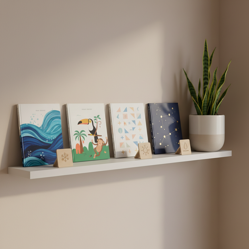 An elegant, low white shelf against a neutral wall displays a curated row of curriculum-aligned children’s books, each cover featuring original, text-free artwork: abstract ocean scenes, stylized rainforest creatures, subtle math symbols, and constellations. Small wooden dividers separate seasonal collections, indicated by understated icons like a snowflake, sun, and raindrop. A single, minimal ceramic pot with a lush green plant adds life at one end of the shelf. Soft, diffused afternoon light from the side creates gentle highlights on the covers and faint shadows behind the books. Shot from a slightly elevated angle in crisp photographic realism, the composition follows the rule of thirds, emphasizing order, sophistication, and a sense of quiet discovery appropriate for discerning parents and educators in Singapore.