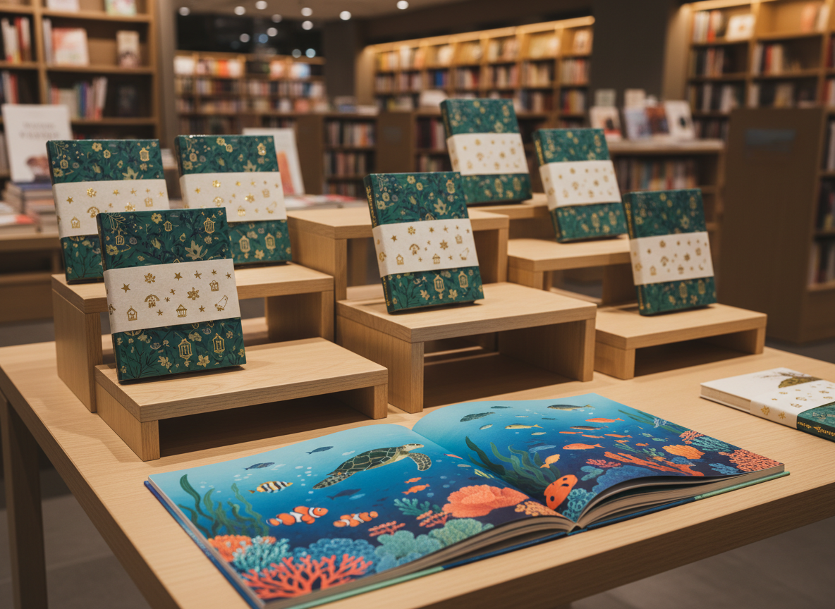 A refined display table in a modern bookstore environment showcases a limited seasonal collection of children’s learning books, all specially wrapped with translucent belly bands featuring tiny, gold-foil icons of leaves, lanterns, and stars. The books are arranged in staggered heights on slim wooden risers, with one open book revealing an original, richly colored illustration of marine life in Singapore’s surrounding waters, entirely image-based and text-free. Overhead spotlights provide soft, warm illumination, creating subtle highlights on the foil elements and gentle shadows that add depth without harshness. Shot at a three-quarter angle in photographic realism, the background shelves blur into a calm bokeh. The mood is sophisticated yet welcoming, emphasizing bespoke editions and thoughtful design for discerning families seeking meaningful educational books.