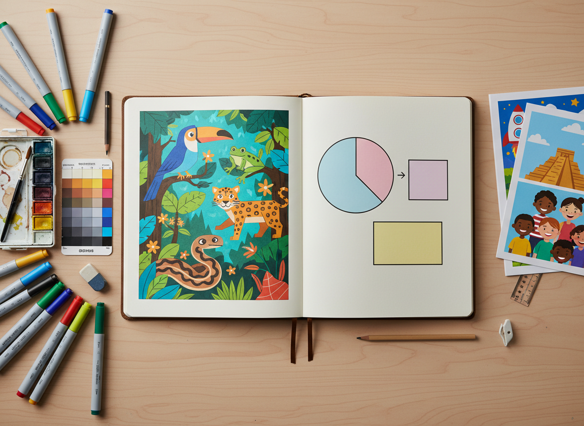 A meticulously detailed flat lay of a design studio workspace dedicated to crafting original illustrations for children’s educational books. At the center lies an oversized, open sketchbook revealing two vivid, refined spreads: one with stylized rainforest animals, another with geometric shapes teaching fractions, both free of any text. Surrounding the sketchbook are neatly arranged tools—pigment markers, watercolor pans, a color calibration card, and printed sample pages of finished book layouts cropped to hide any words. Soft, even studio lighting from above eliminates harsh shadows, rendering every color and texture with photographic realism. The composition is carefully balanced, with tools forming a subtle frame around the open spreads. The atmosphere feels focused, professional, and creative, highlighting the thoughtful craftsmanship behind curriculum-aligned books for young readers.